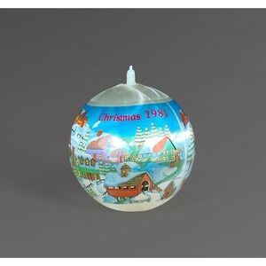 1981 Christmas Satin Bulb Ornament Winter Snow Farm Village Scene‎